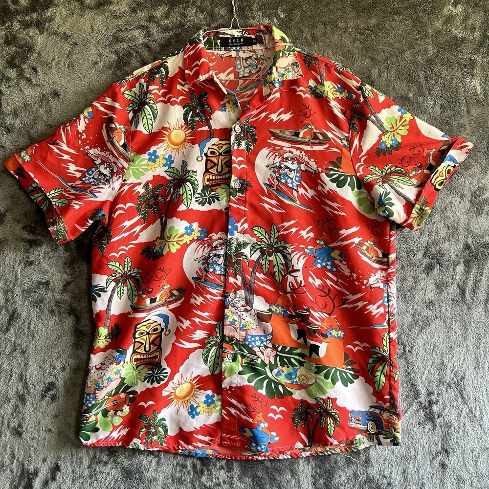 SSLR Hawaiian Shirt‎ Mens M Red Christmas Santa Tiki Aloha Short Sleeve